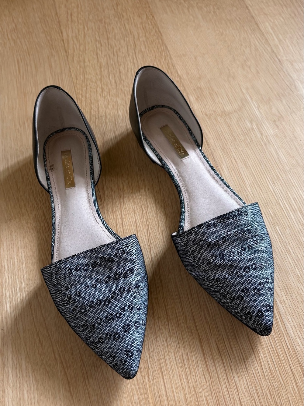 Louise et Cie Teal-Patterned and Black D'Orsay Pointed Flats